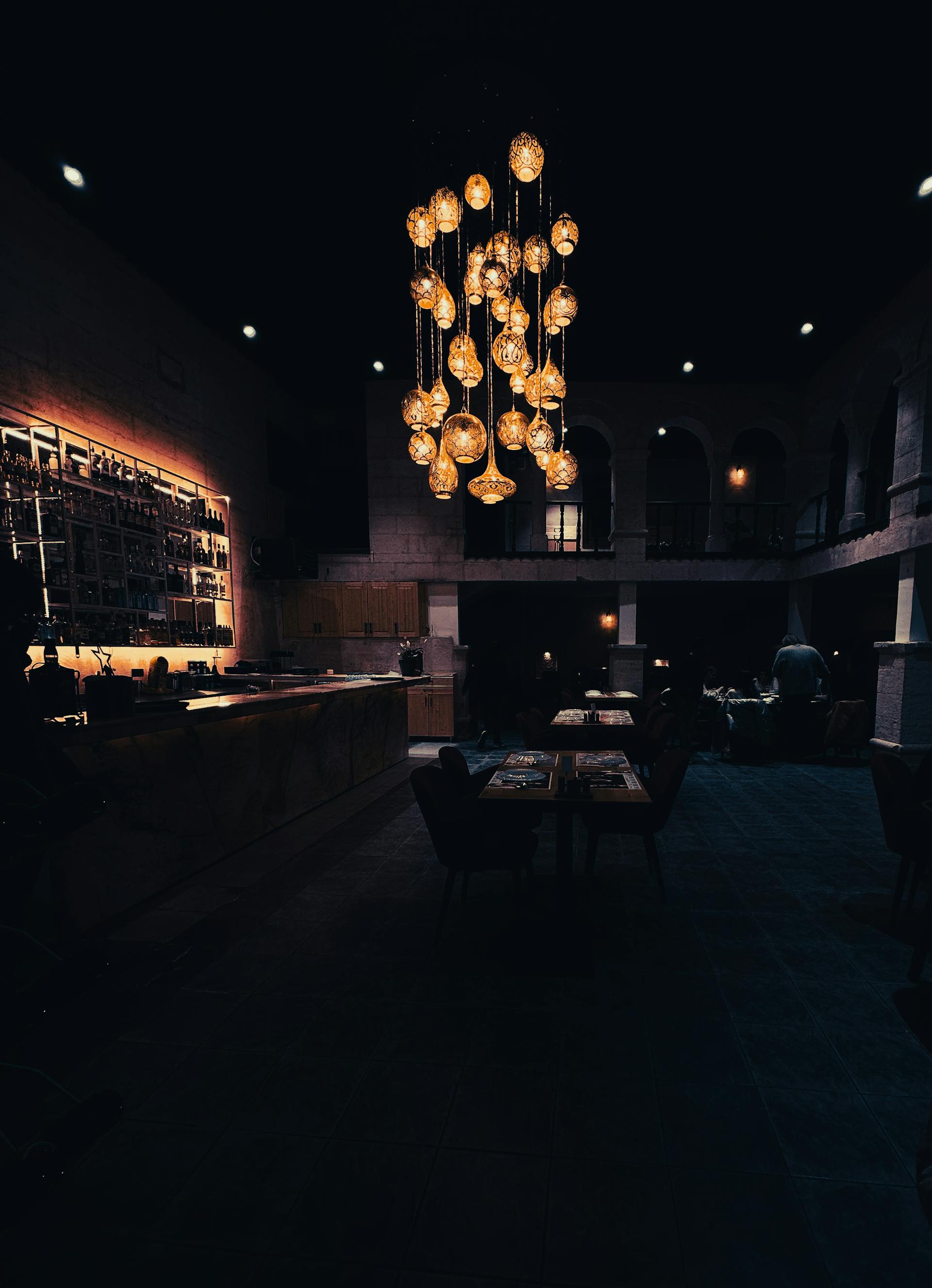 Marina 29 interior — golden lamps and dim lounge